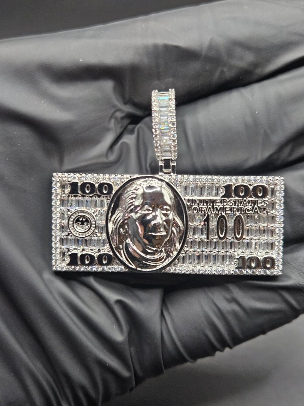 Silver filled iced out $100 bill pendant 5A CZ benjamin franklin 11mm bail